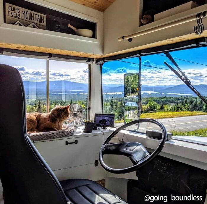Casal converte ônibus escolar dos anos 90 em uma casa sobre rodas. Imagens: Reprodução/Instagram
