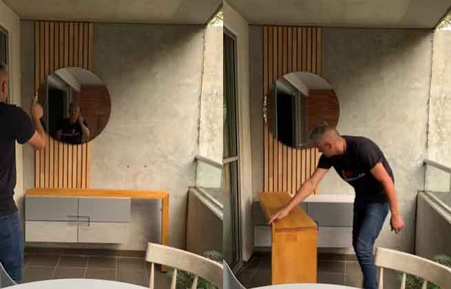 Videon visar en genial möbel som skapar ett hemmakontor och sparar plats när den är stängd