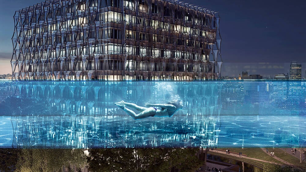 Lernen Sie das erste schwebende Schwimmbad der Welt kennen - es 'schwebt' 35 Meter über dem Boden in London