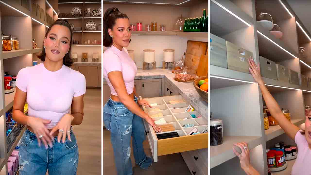 O tour pela despensa de Khloé Kardashian revela o uso mais estiloso e funcional de prateleiras abertas que você vai ver. Reprodução/YouTube